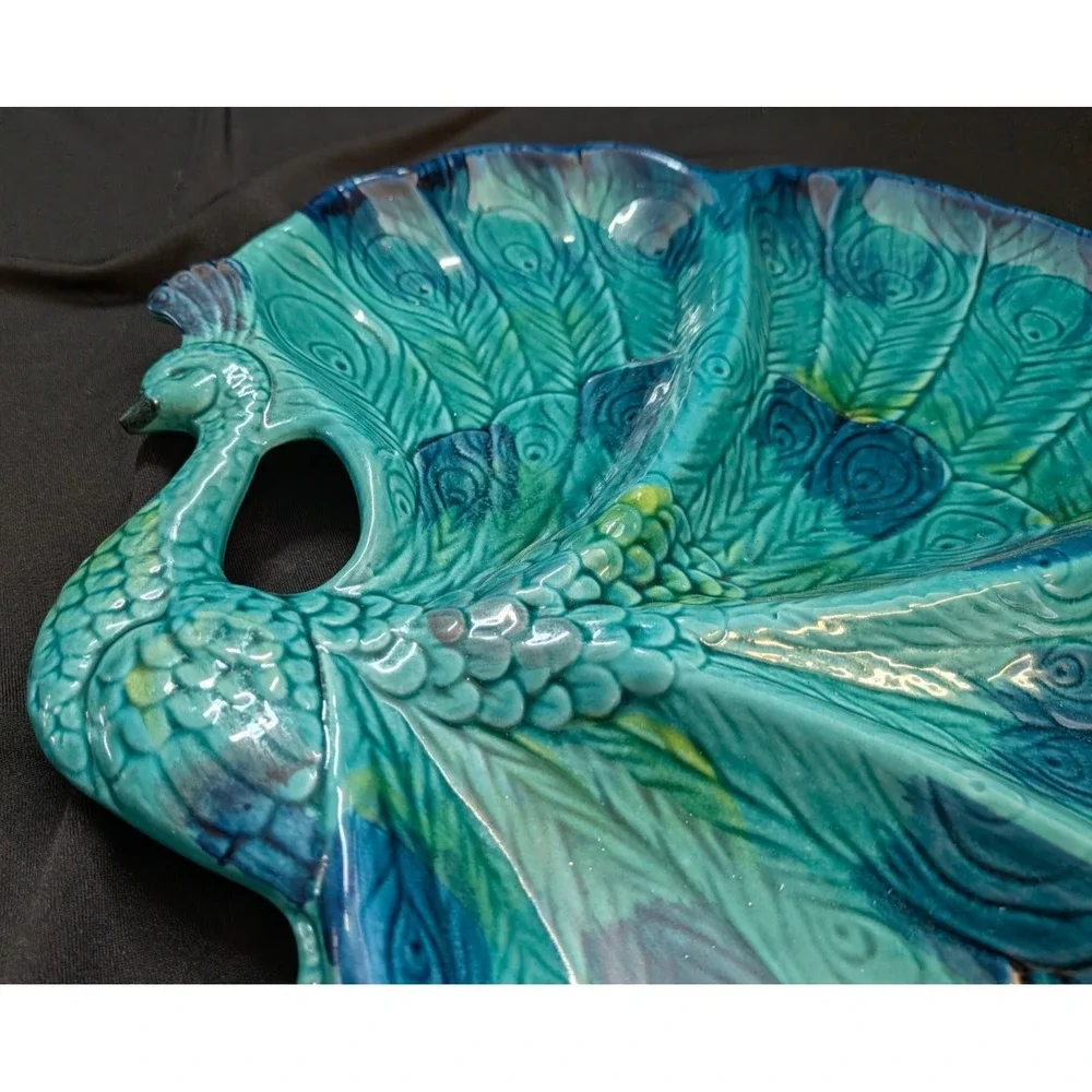 VTG 1970's Enesco Peacock Ceramic Divided Serving Platter E-8275 Japan Pristine